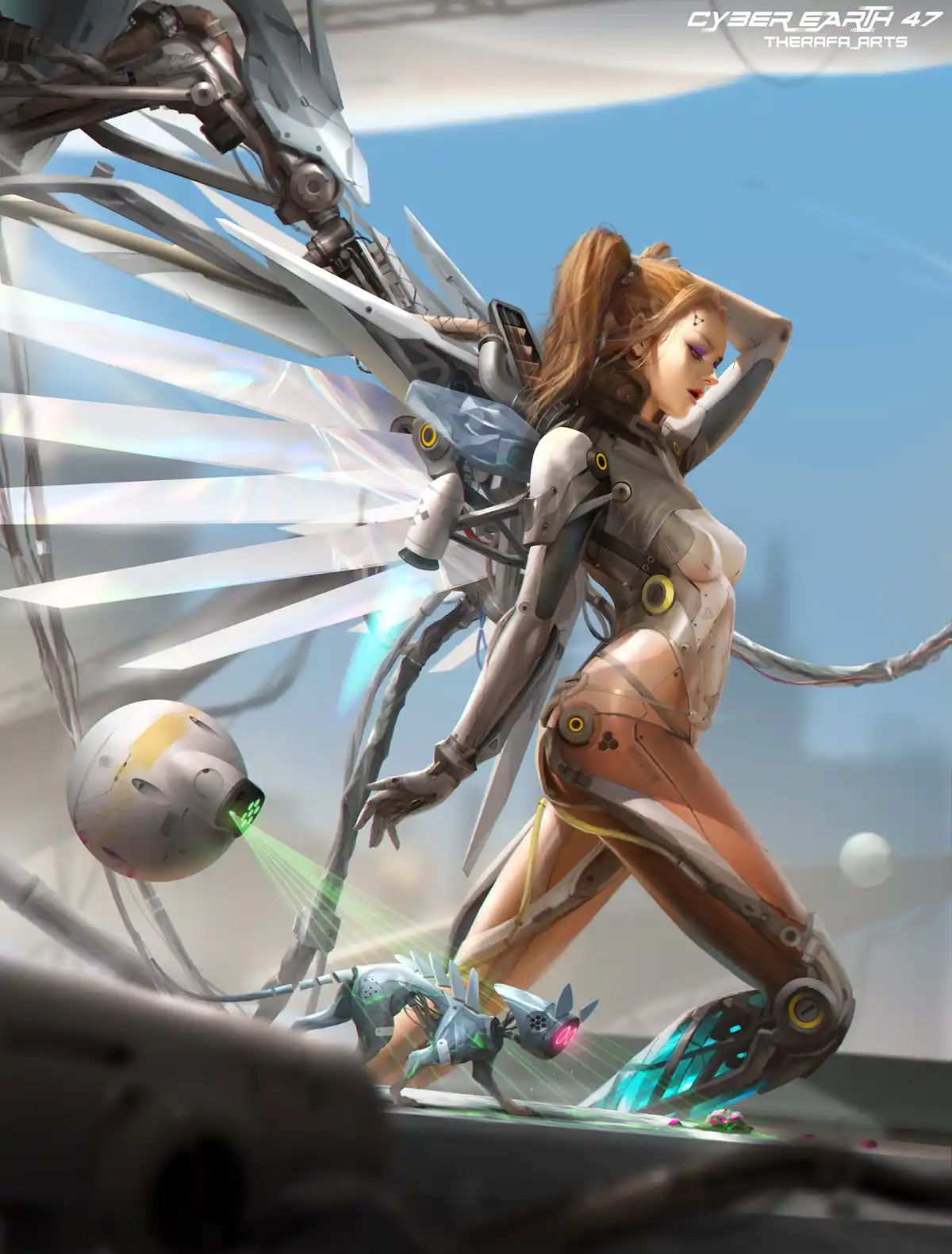 A cyberpunk-style illustration shows a woman with mechanical wings and exposed circuitry, standing confidently while a…