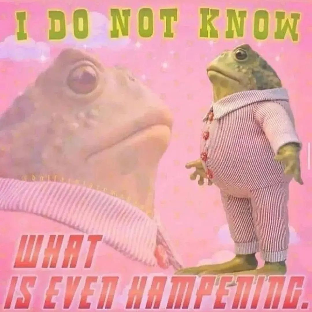 A cartoon frog in a pink and white striped suit stands against a pink background with sparkles and clouds, looking…