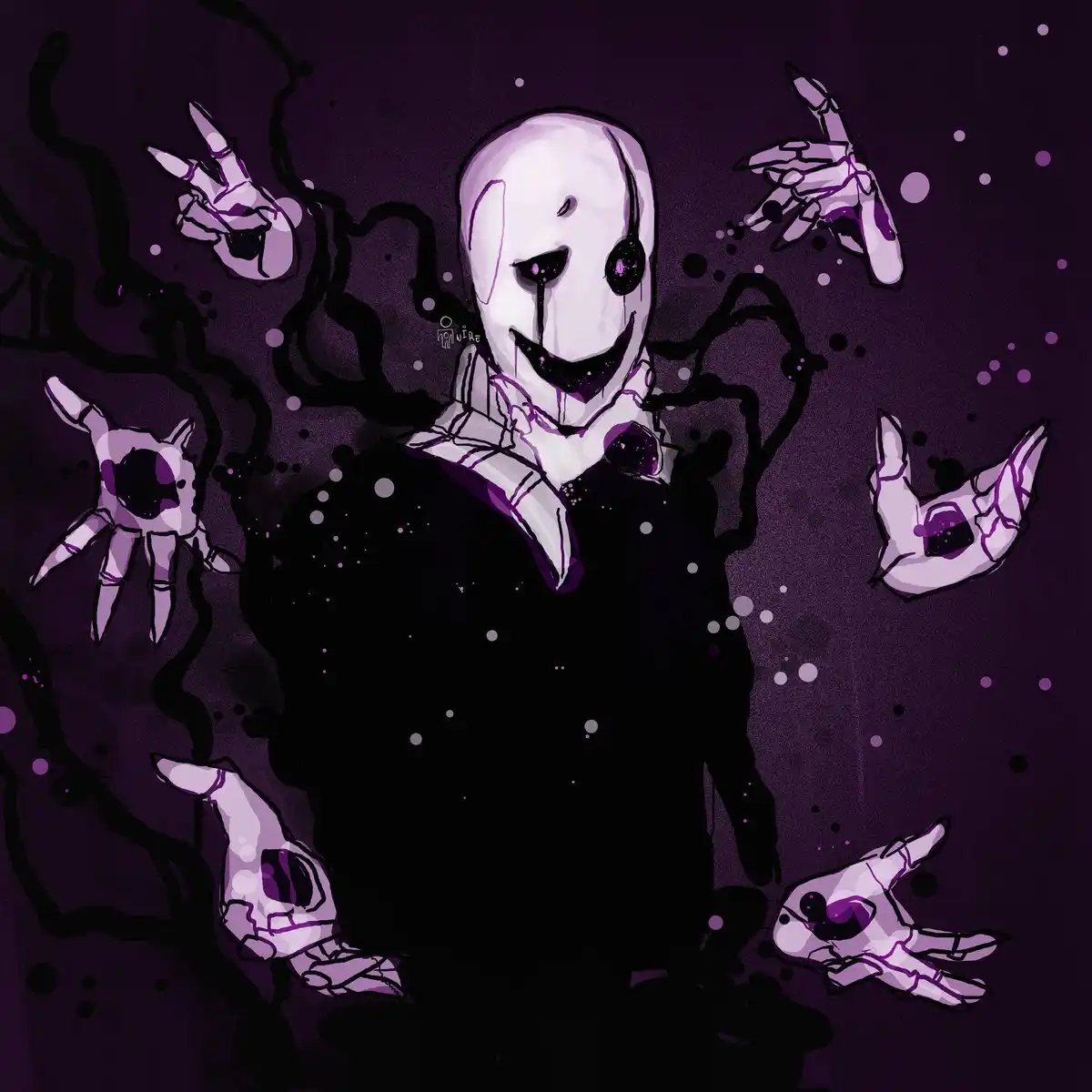 A stylized, purple-hued illustration shows a white-masked, black-cloaked figure with a wide, unsettling grin and one eye…