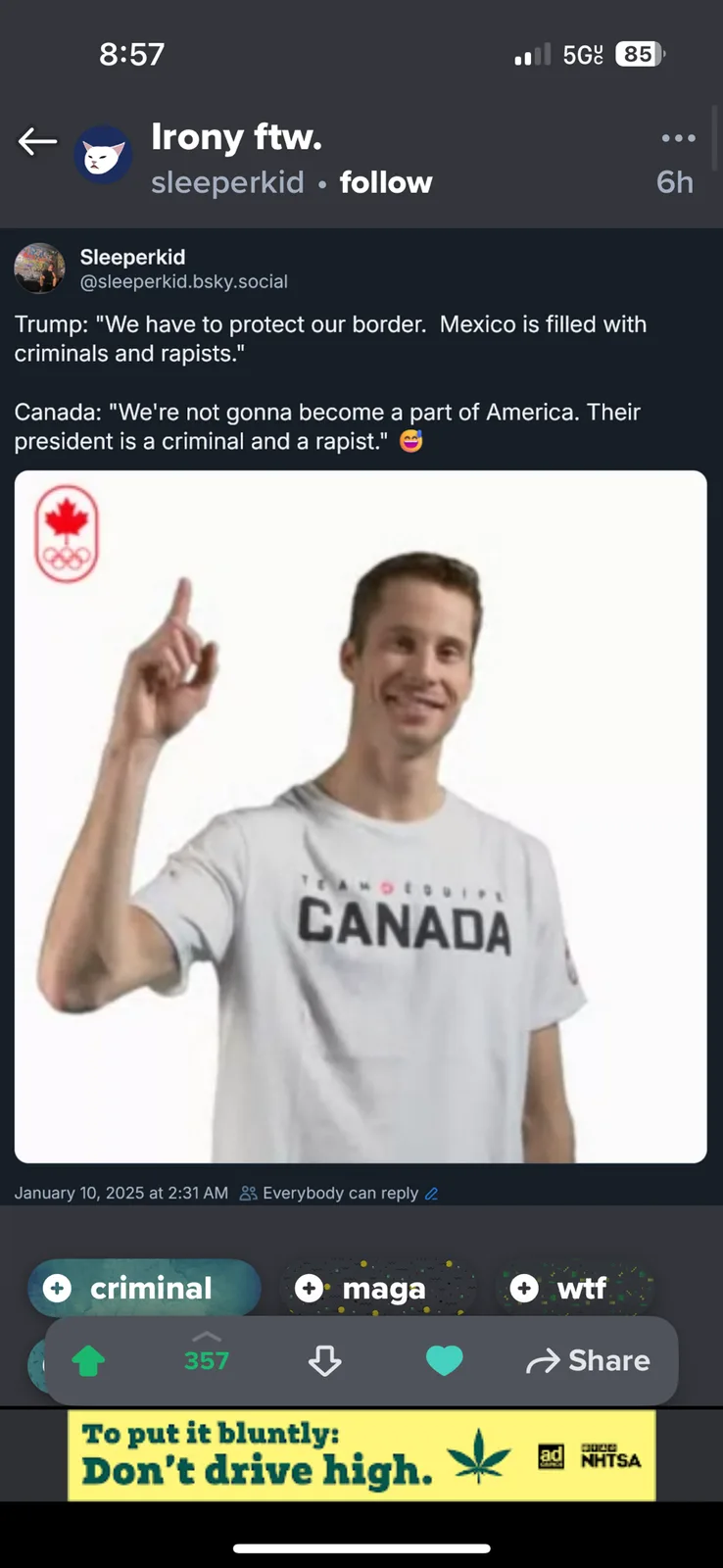 A screenshot of a social media post featuring a photo of a smiling man in a 'Team Canada' t-shirt pointing upward, with a…