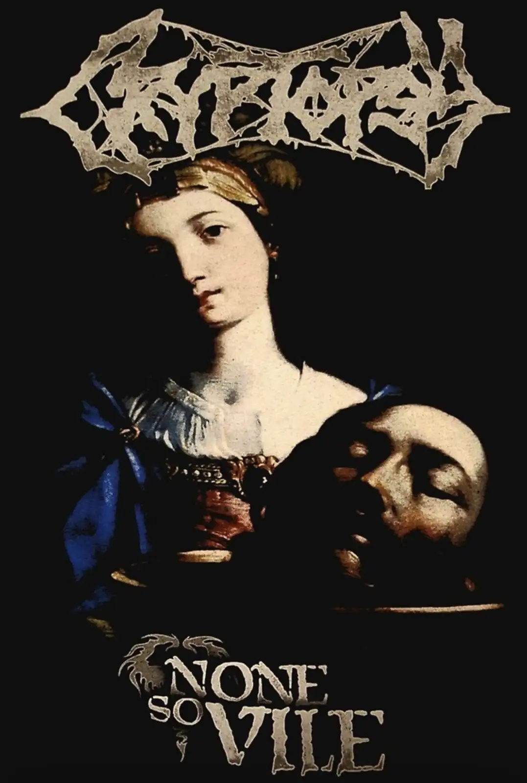 A dark, gothic-style album cover features a classical painting of a woman holding a severed head, overlaid with the band…