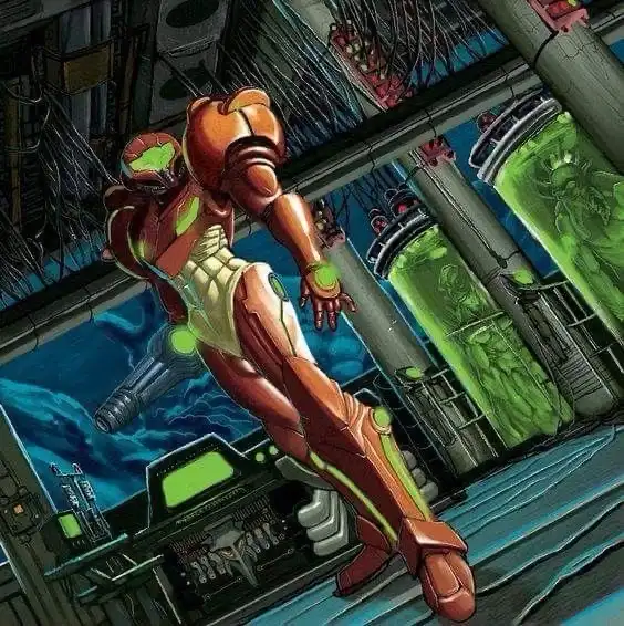 A character in a red and green armored suit, resembling Samus Aran from Metroid, is shown floating in a futuristic lab with…