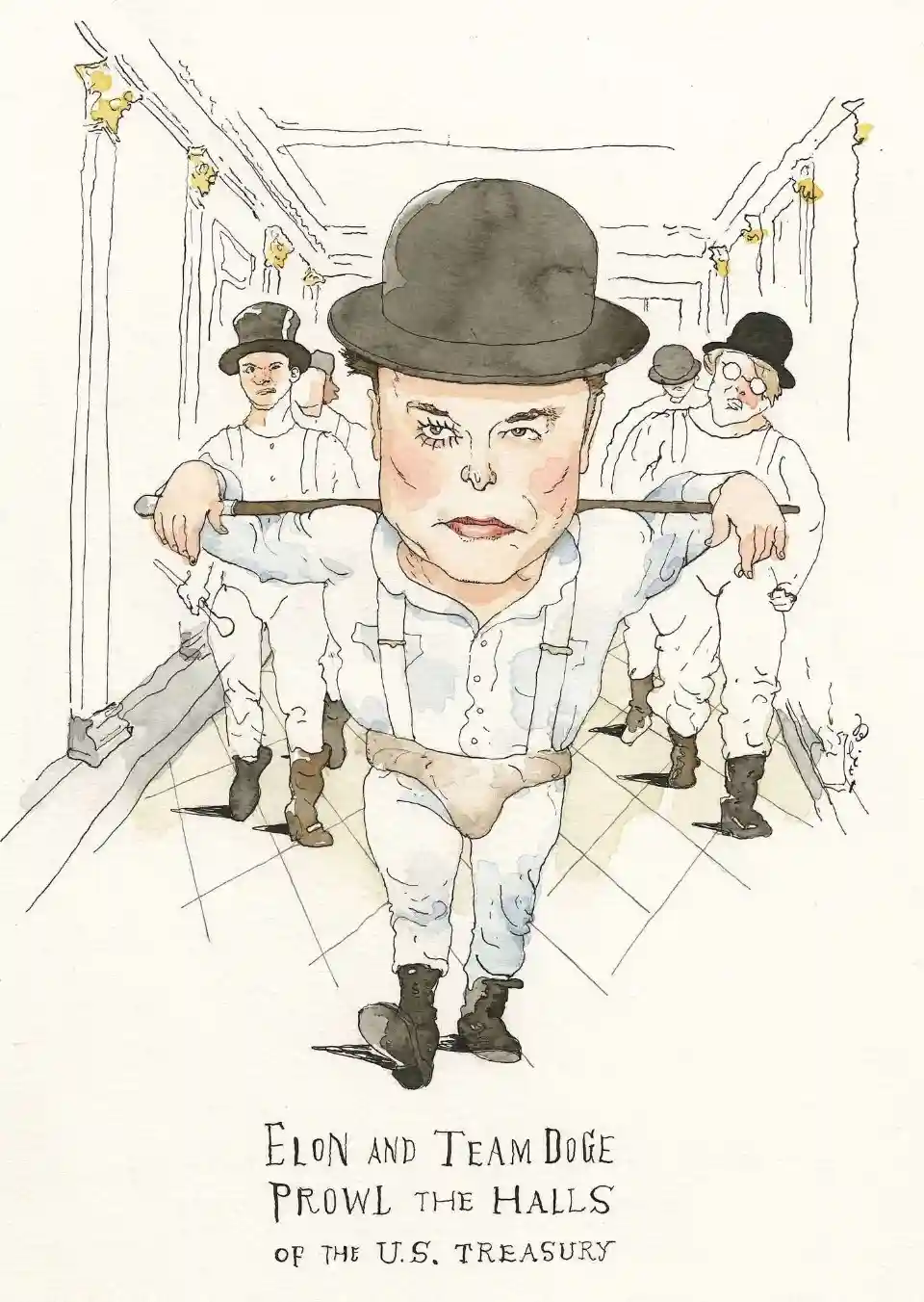A watercolor illustration depicts a caricature of Elon Musk in a bowler hat and suspenders, being carried on a stretcher by…