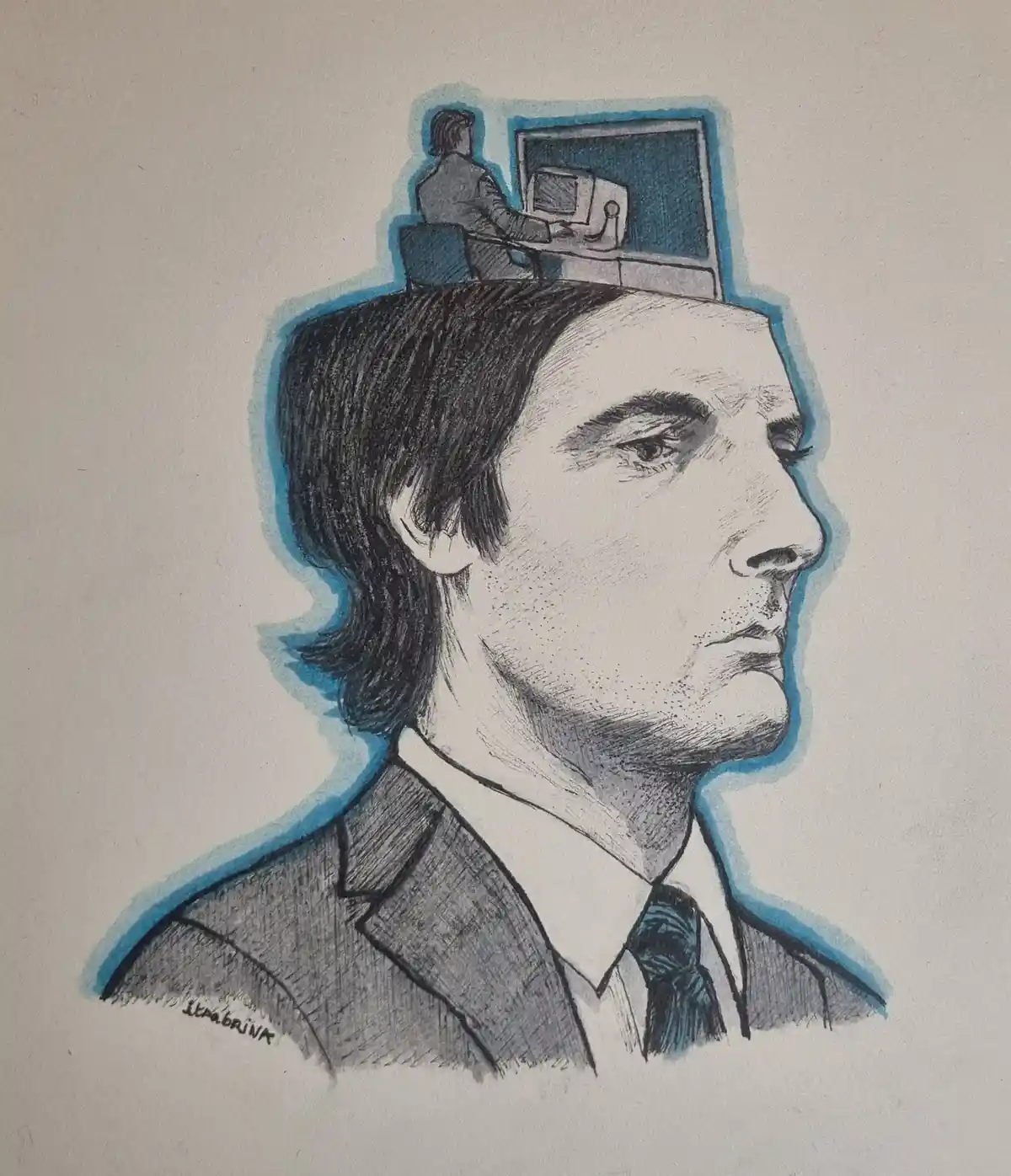 A hand-drawn portrait of a man in a suit and tie, shown in profile. On top of his head is a small, blue-outlined scene…
