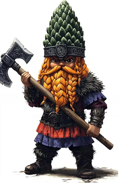 A cartoon dwarf with a long braided orange beard, wearing a large green pine cone as a helmet, holding a battle axe. The…