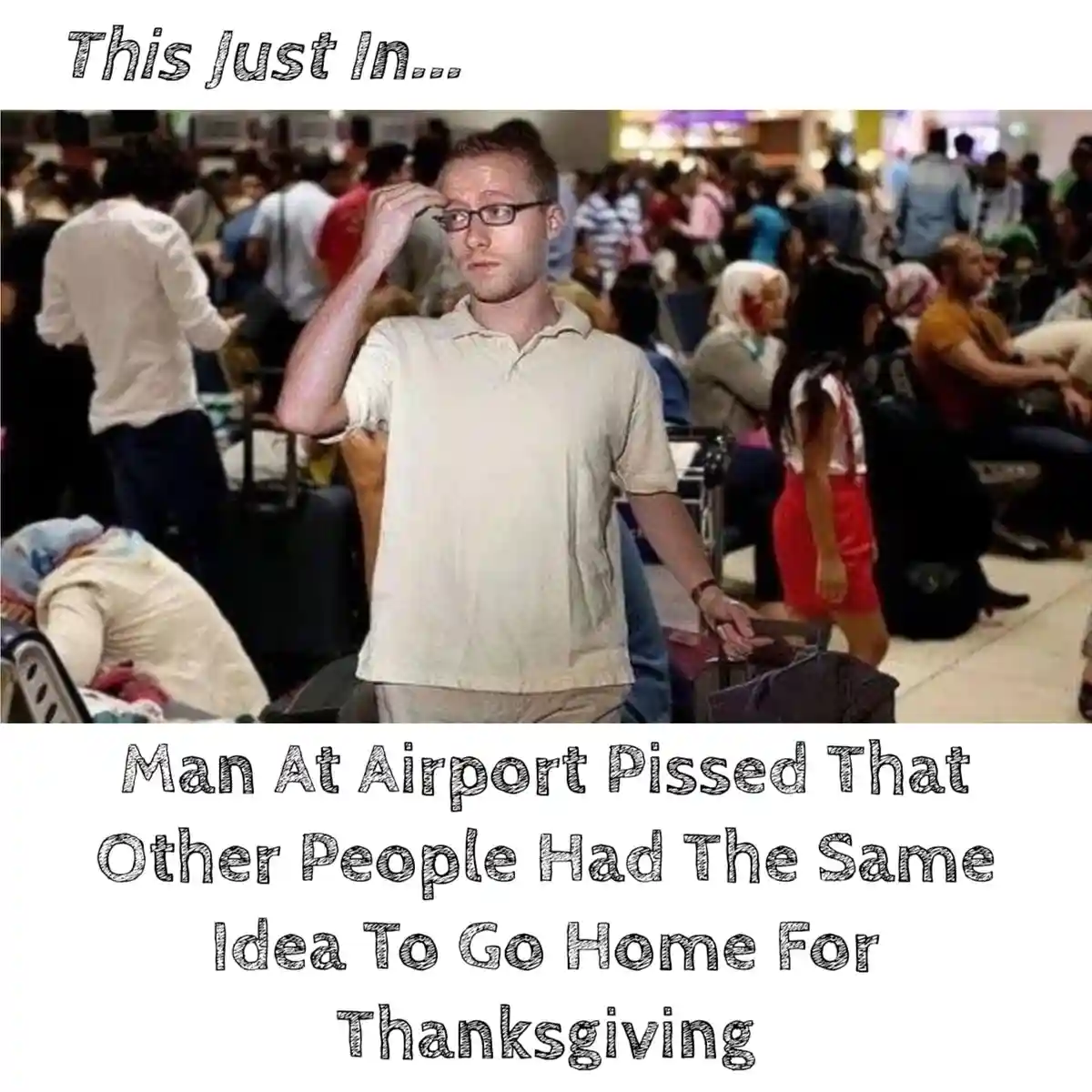 A man in a beige polo shirt and glasses stands in a crowded airport terminal, looking annoyed while holding a suitcase and…