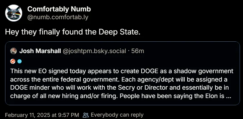 A screenshot of a Bluesky social media post by 'Comfortably Numb' replying to a post by Josh Marshall. The reply reads 'Hey…