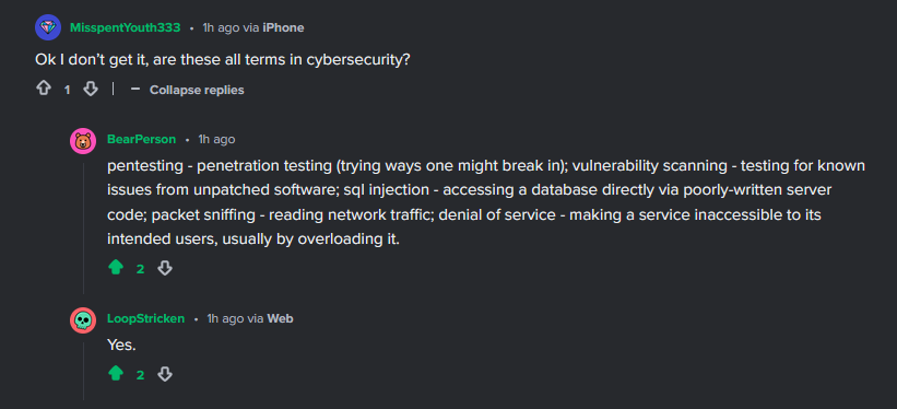 A Reddit comment thread where a user asks if a list of cybersecurity terms is accurate. Another user explains each term in…