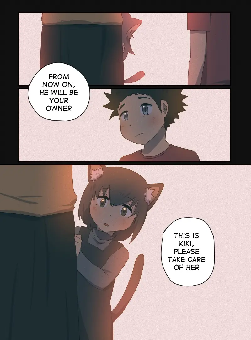 A three-panel anime comic shows a cat-eared girl named Kiki peeking out from behind someone's leg. An adult figure announces…