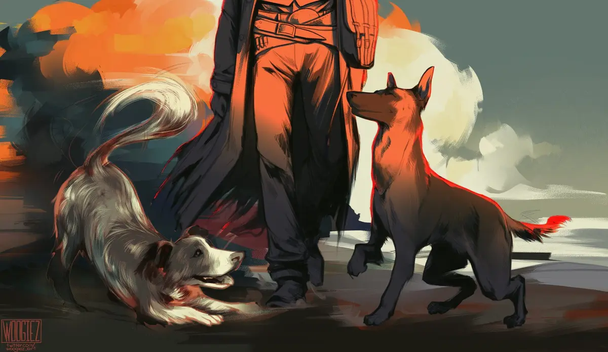 An illustrated scene depicts a person in dark, tactical-style clothing standing between two dogs. One dog is lying down on…