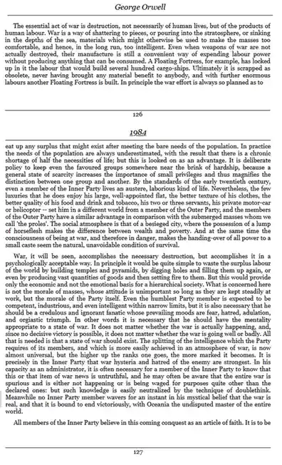 A page from George Orwell's 1984, showing text discussing the psychological and economic manipulation of war. The number…