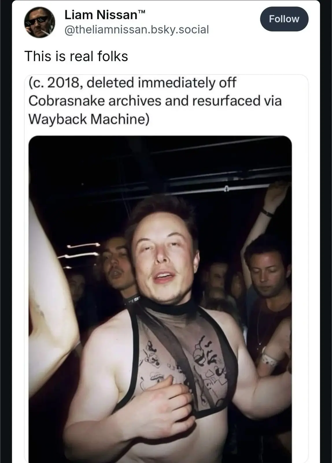 A low-resolution photo shows Elon Musk in a dark, crowded club, wearing a sheer black halter top over his bare chest, with…