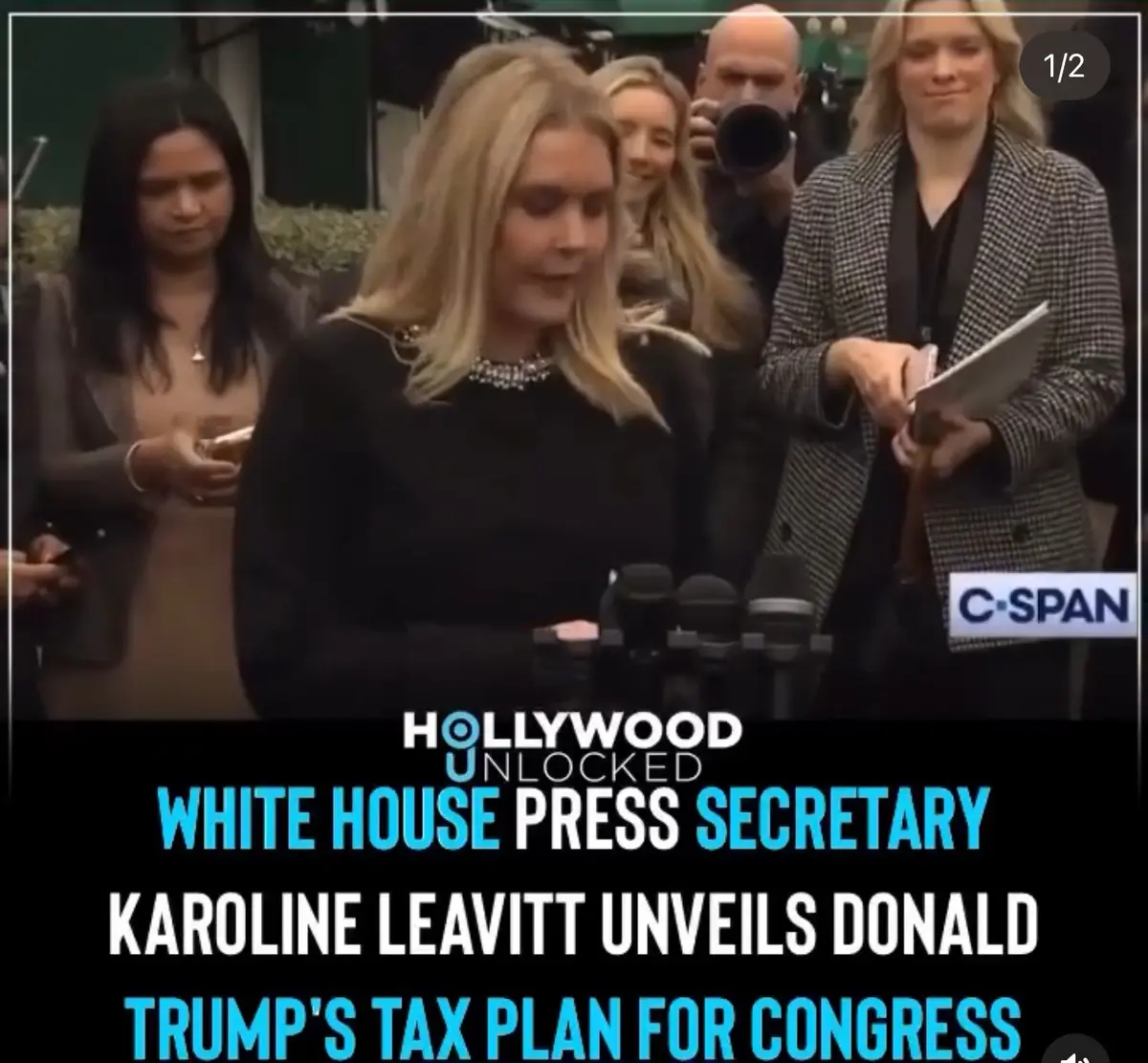 A woman with blonde hair, identified as White House Press Secretary Karoline Leavitt, stands at a podium with microphones…