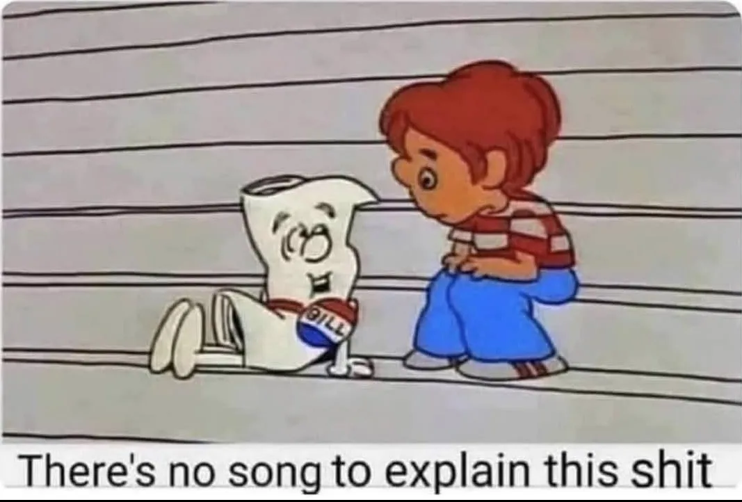 A cartoon boy with red hair and a striped shirt kneels beside a personified, anthropomorphic toilet paper roll wearing a…