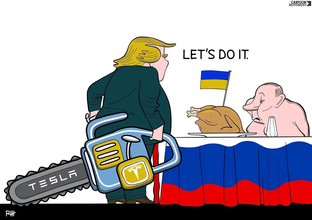 A cartoon depicts a caricature of Donald Trump from behind, holding a large chainsaw with 'TESLA' written on the blade and…