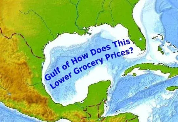 A map image shows the Gulf of Mexico highlighted in blue, with the text 'Gulf of How Does This Lower Grocery Prices?'…