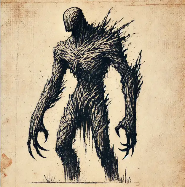 A sketch-style drawing of a tall, menacing humanoid creature with spiky, textured skin and clawed hands, standing on a plain…