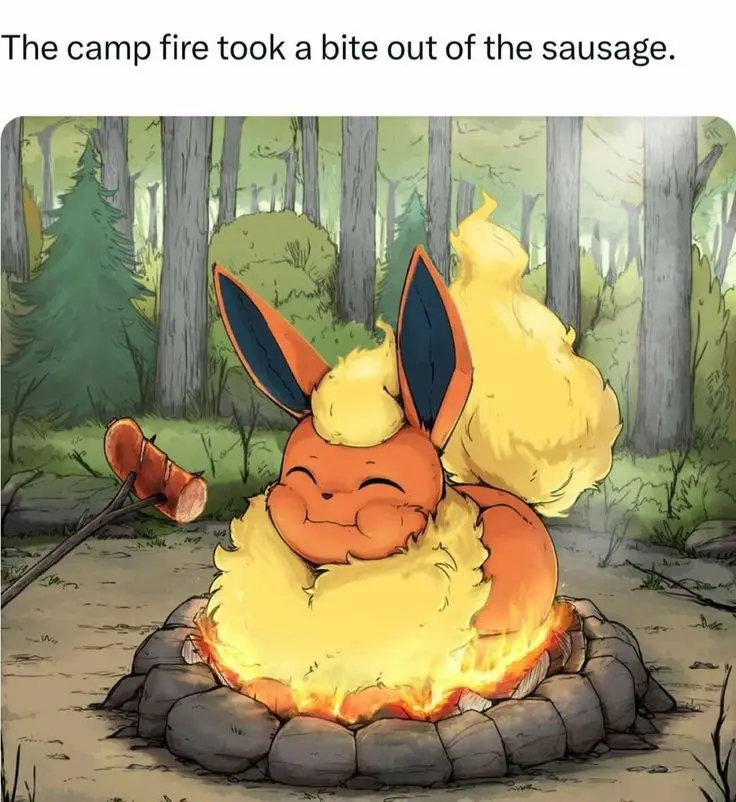 A cartoon fox-like creature with a bushy yellow tail and ears sits contentedly in a campfire ring, smiling with closed eyes…