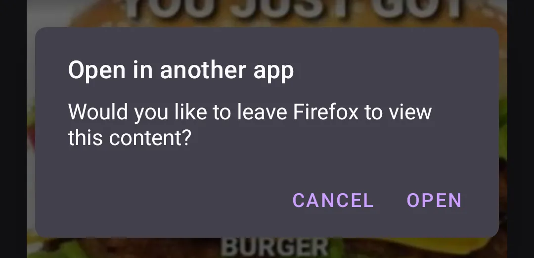 A smartphone screen shows a standard Android 'Open in another app' dialog box, asking if the user wants to leave Firefox to…