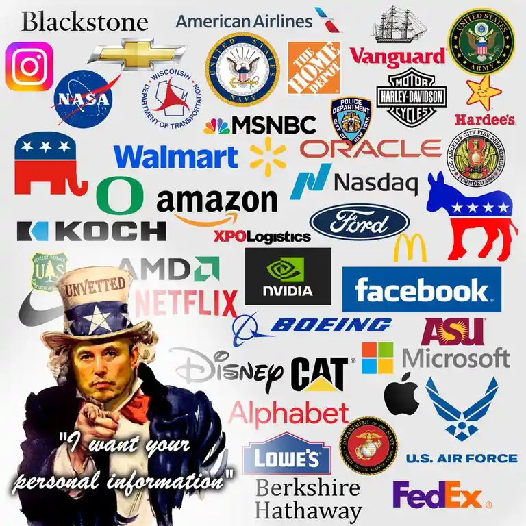 The image features a collage of numerous corporate, government, and media logos including Blackstone, American Airlines…
