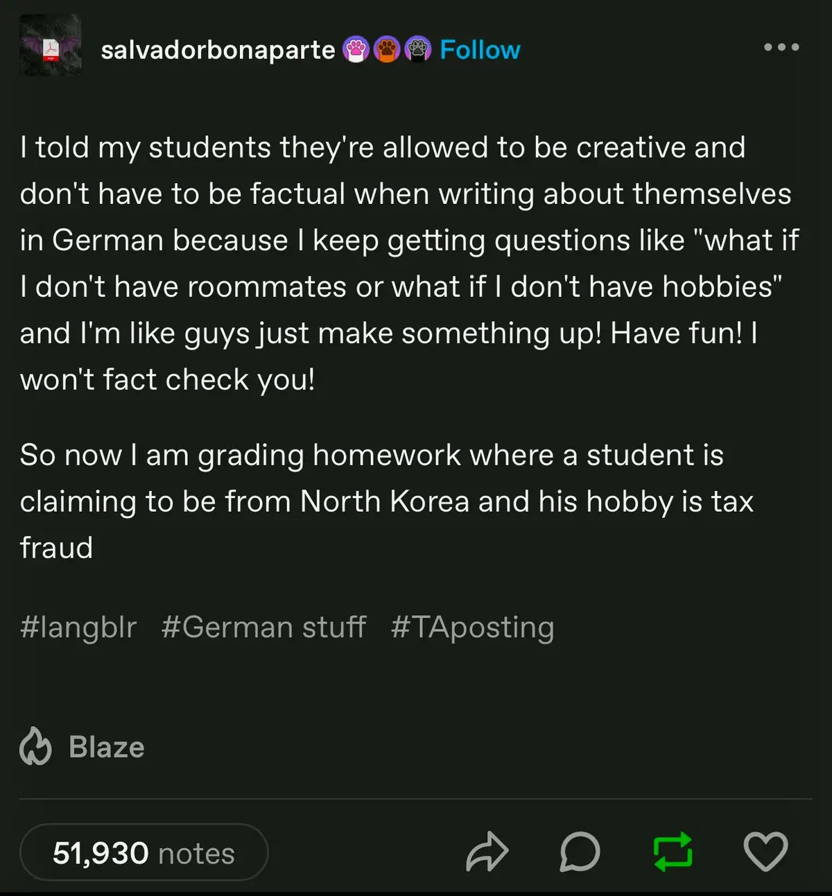 A screenshot of a social media post by 'salvadorbonaparte' detailing a teacher's assignment where students write creatively…