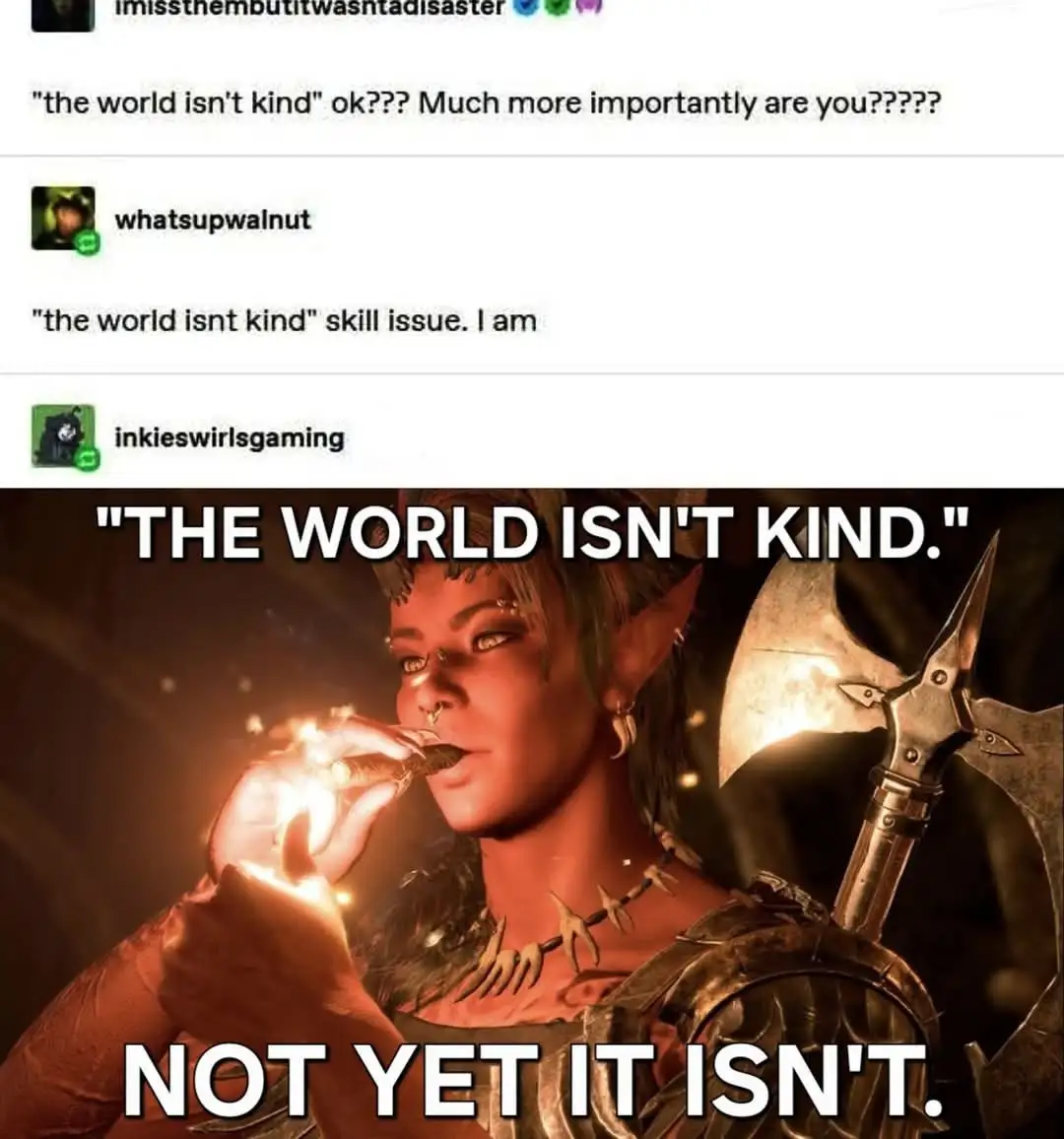An image of a female elf warrior from a video game, holding a lit cigar, with a large axe on her back. The top text reads…