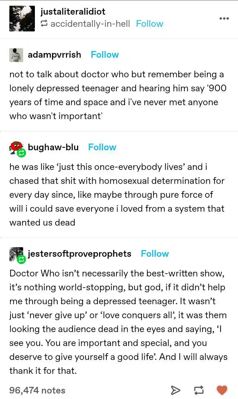 A screenshot of a social media post showing a comment thread about the TV show Doctor Who. The top comment, from user…