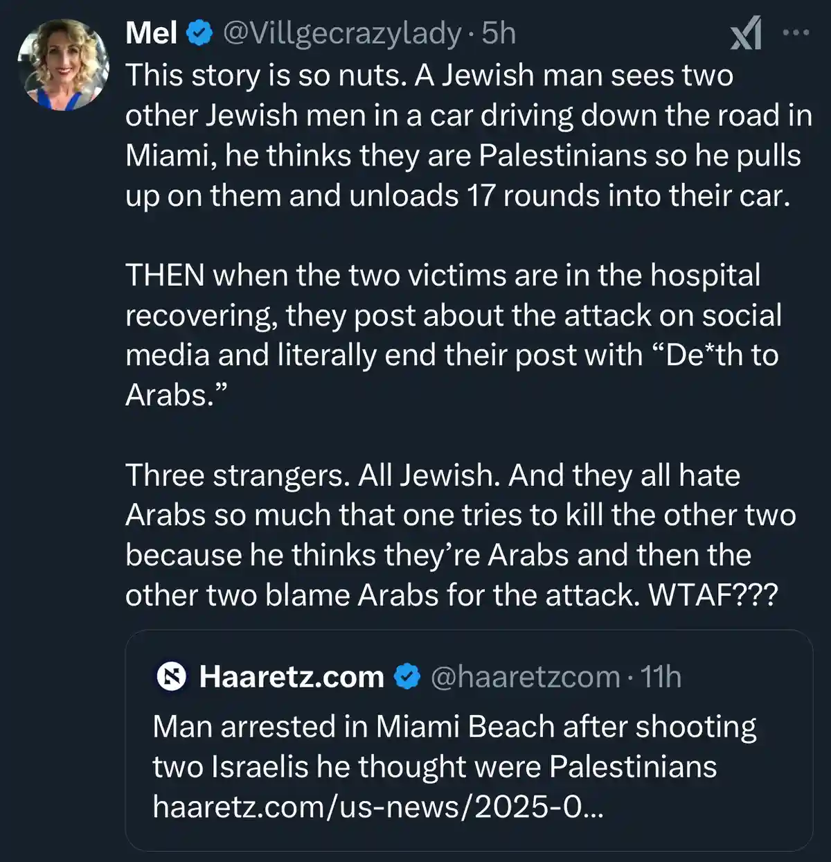A screenshot of a Twitter post by user Mel (@Villgecrazylady) describing a bizarre incident where a Jewish man shoots two…