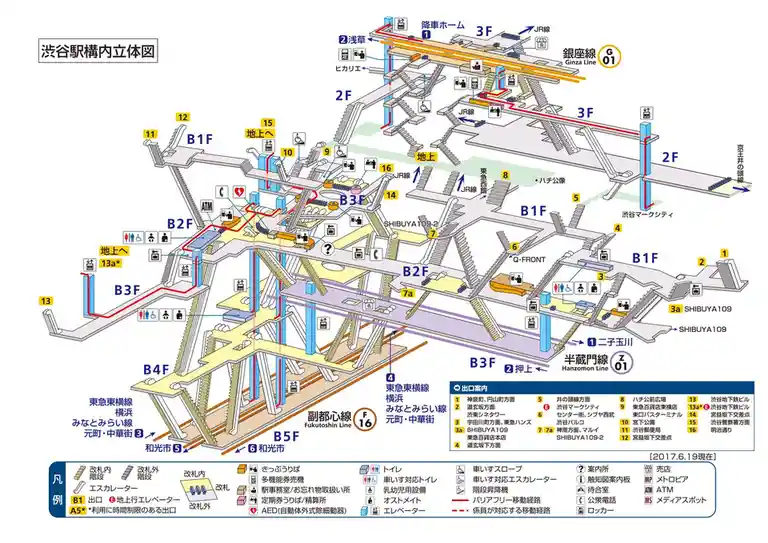 This is a detailed 3D schematic map of Shibuya Station in Tokyo, Japan, showing multiple levels (B5F to 3F) with train…