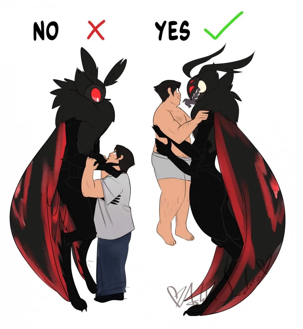 The image shows two side-by-side scenes featuring a human man and a large black creature with red eyes and a red cape. On…