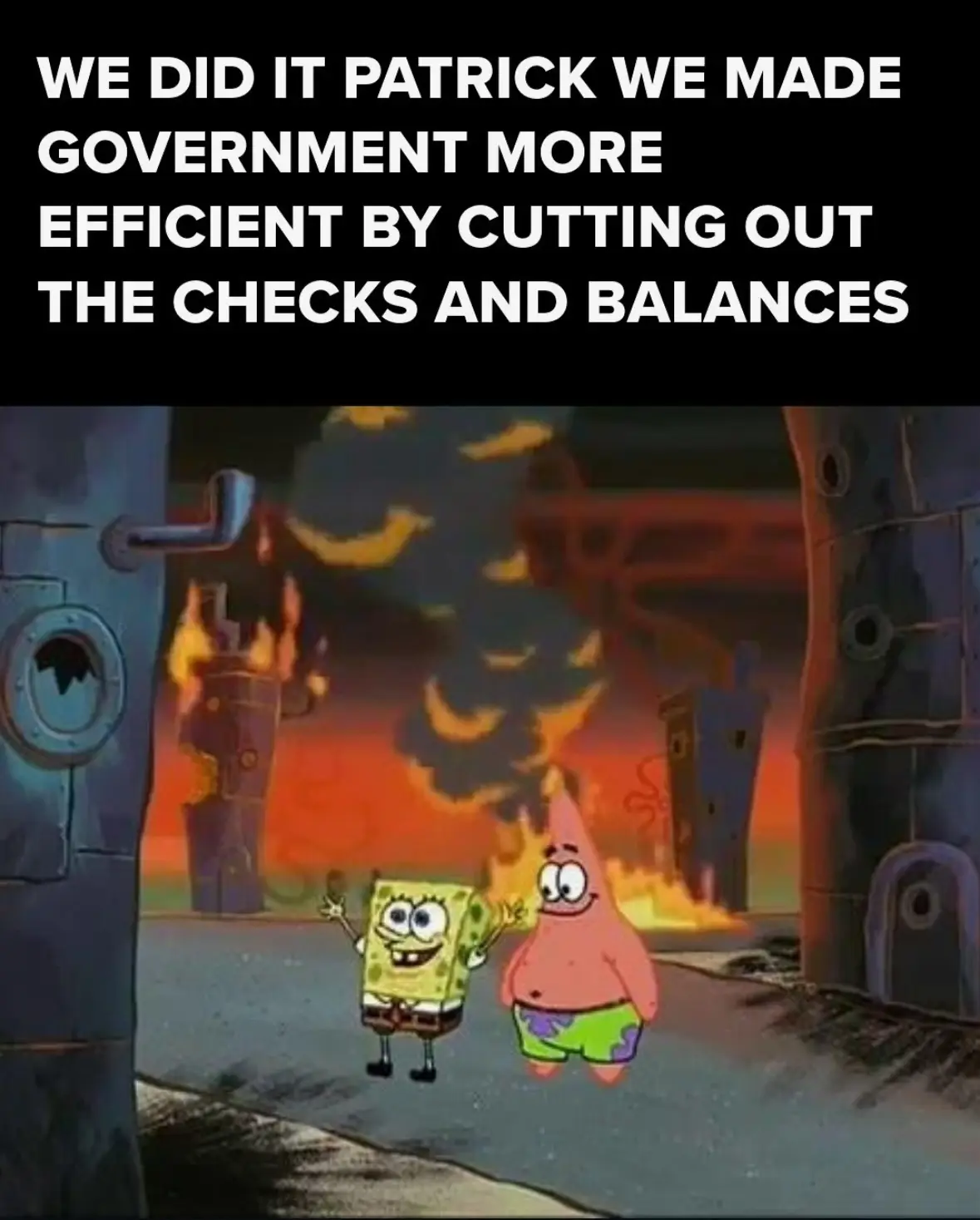 Two cartoon characters, SpongeBob and Patrick, stand in front of a burning, ruined cityscape with smoke and fire in the…