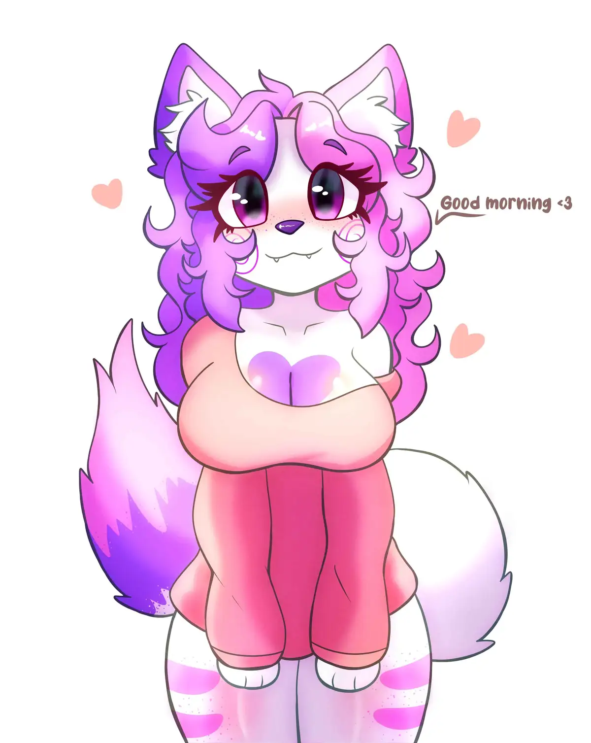A cartoon-style anthropomorphic fox with purple and pink curly hair, large expressive eyes, and a heart-shaped chest, stands…