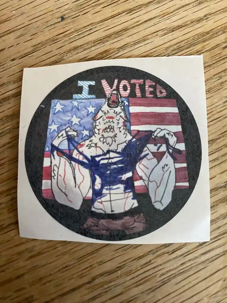 A hand-drawn circular sticker shows a muscular, wolf-headed figure with a patriotic American flag background, flexing its…
