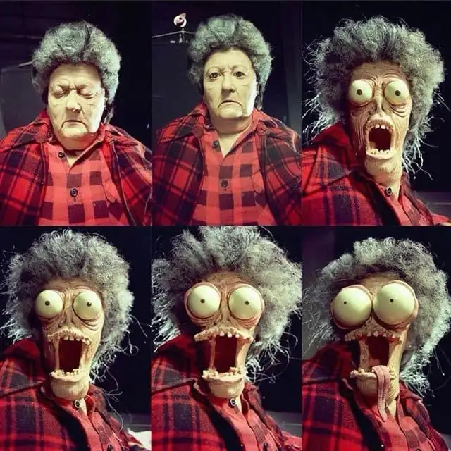 A six-panel grid shows a woman in a red plaid shirt progressively transforming from a normal expression into a grotesque…