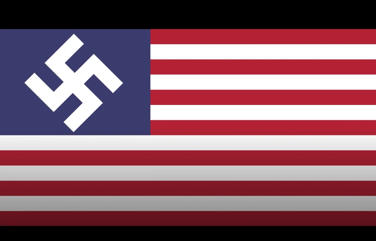 the image displays a modified version of the american flag where the blue canton contains a white swastika instead of stars…