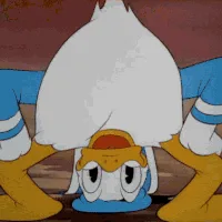 A six-frame animated GIF shows Donald Duck doing a handstand, his face progressively getting more distressed and teary-eyed…