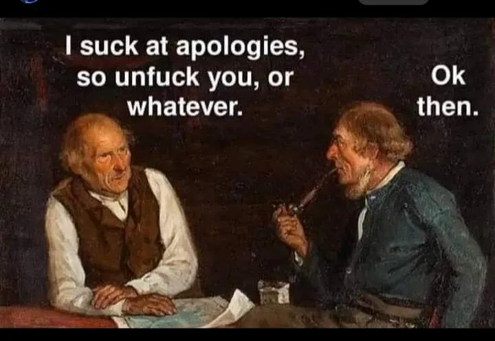 Two elderly men sit at a table in a classical painting style. The man on the left, with a stern expression, says 'I suck at…