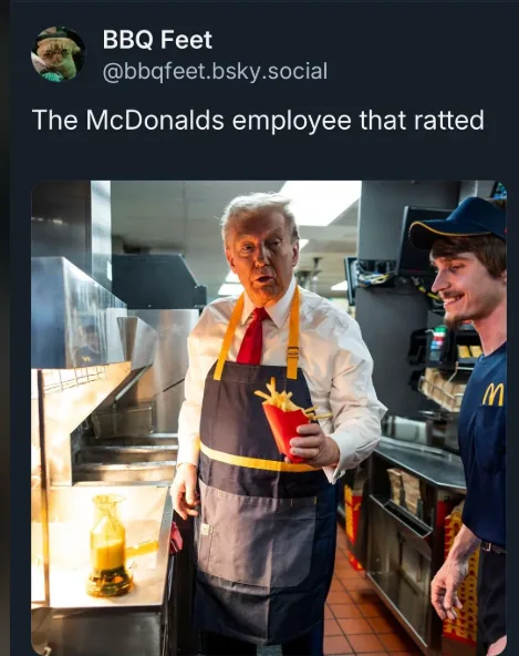 A man resembling Donald Trump wearing a McDonald's apron and holding a fry container stands in a kitchen, looking surprised…