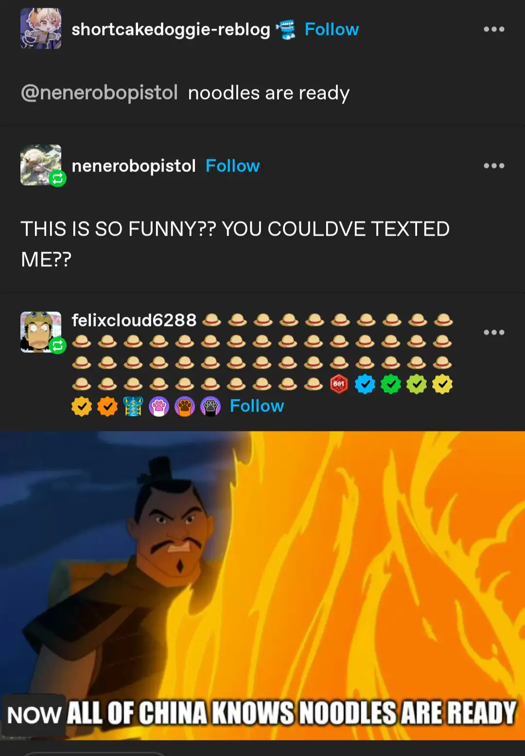 The image shows a screenshot of a social media conversation where one user says 'noodles are ready' and another replies…