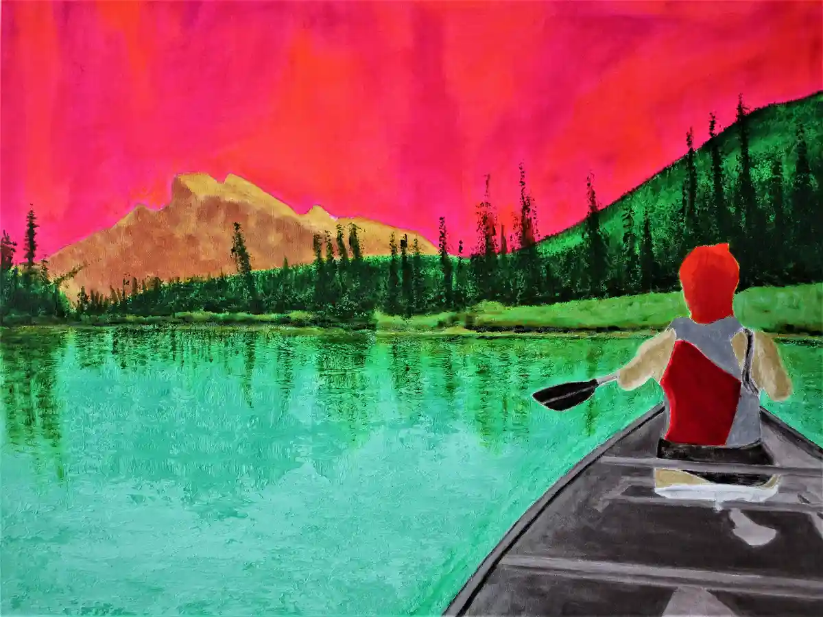 A painting depicts a person in a red hat and life vest paddling a canoe on a vibrant green lake, with a surreal pink and…