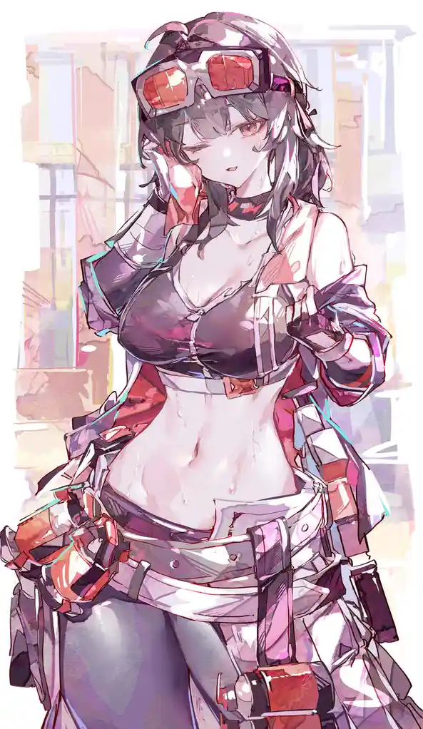 An anime-style illustration of a female character with dark hair and red-tinted goggles pushed up on her head, wearing a…