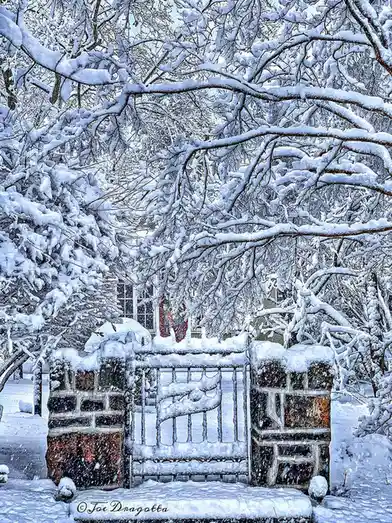 A snowy winter scene shows a gate and stone pillars covered in thick snow, with snow-laden branches overhead. The overlaid…