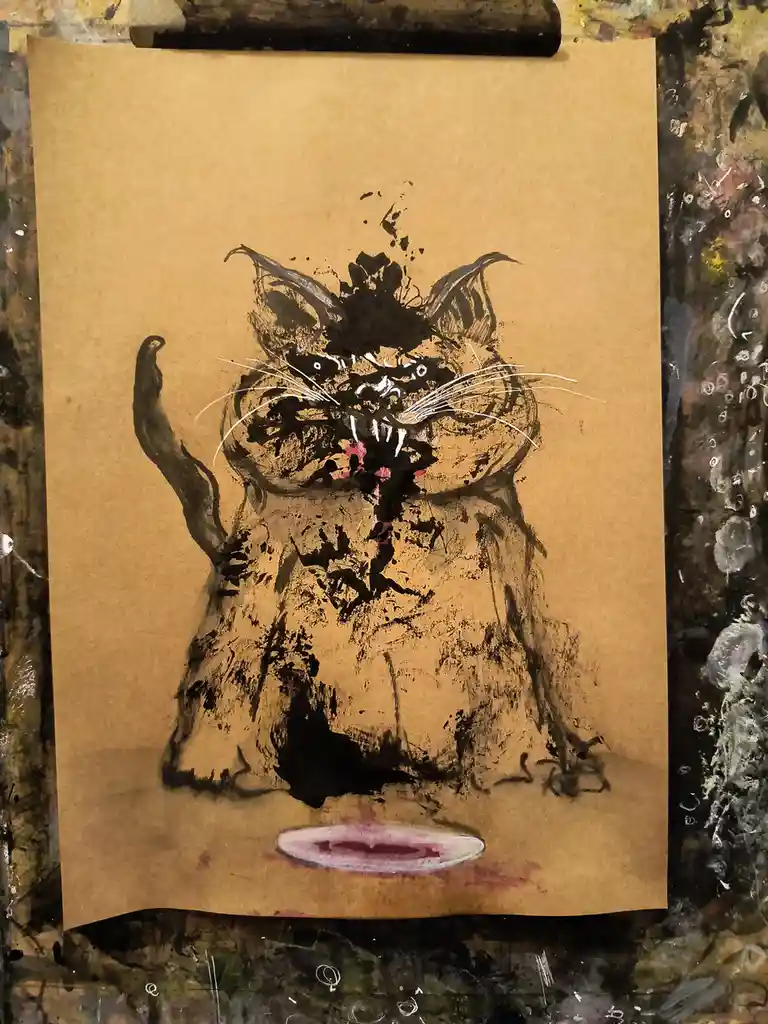 A sketch of a cartoon cat with an angry expression, bared teeth, and raised paw, standing over a small pink dish. The cat is…