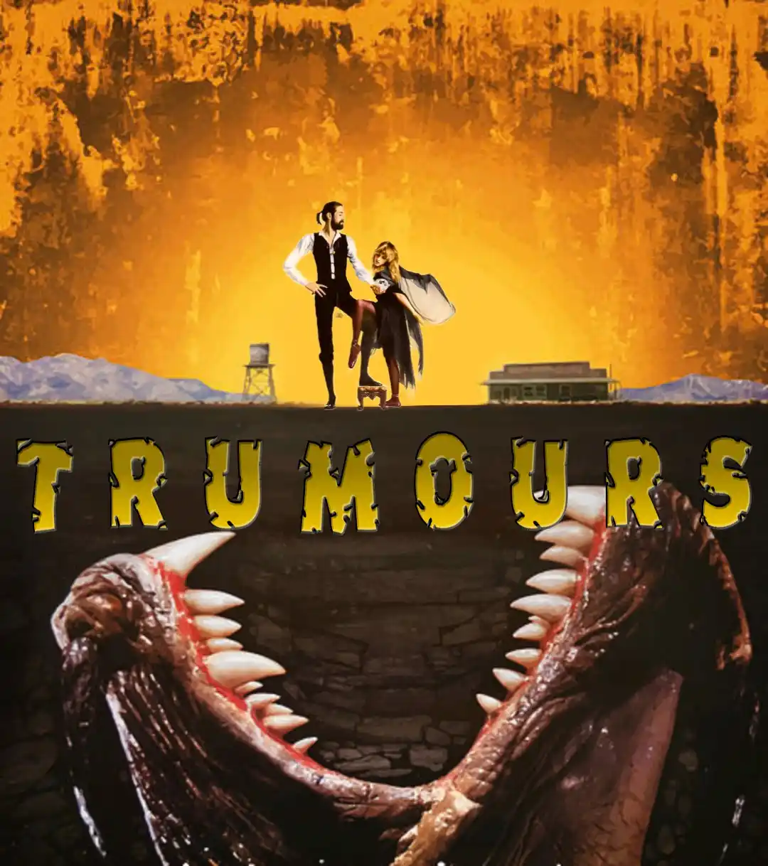 A man and woman stand confidently atop a cliff overlooking a massive, open-mouthed monster with sharp teeth below. The…
