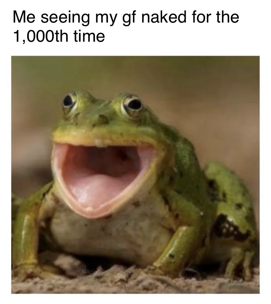 A close-up photo of a green frog with its mouth wide open in an expression of shock or awe, overlaid with the text 'Me…