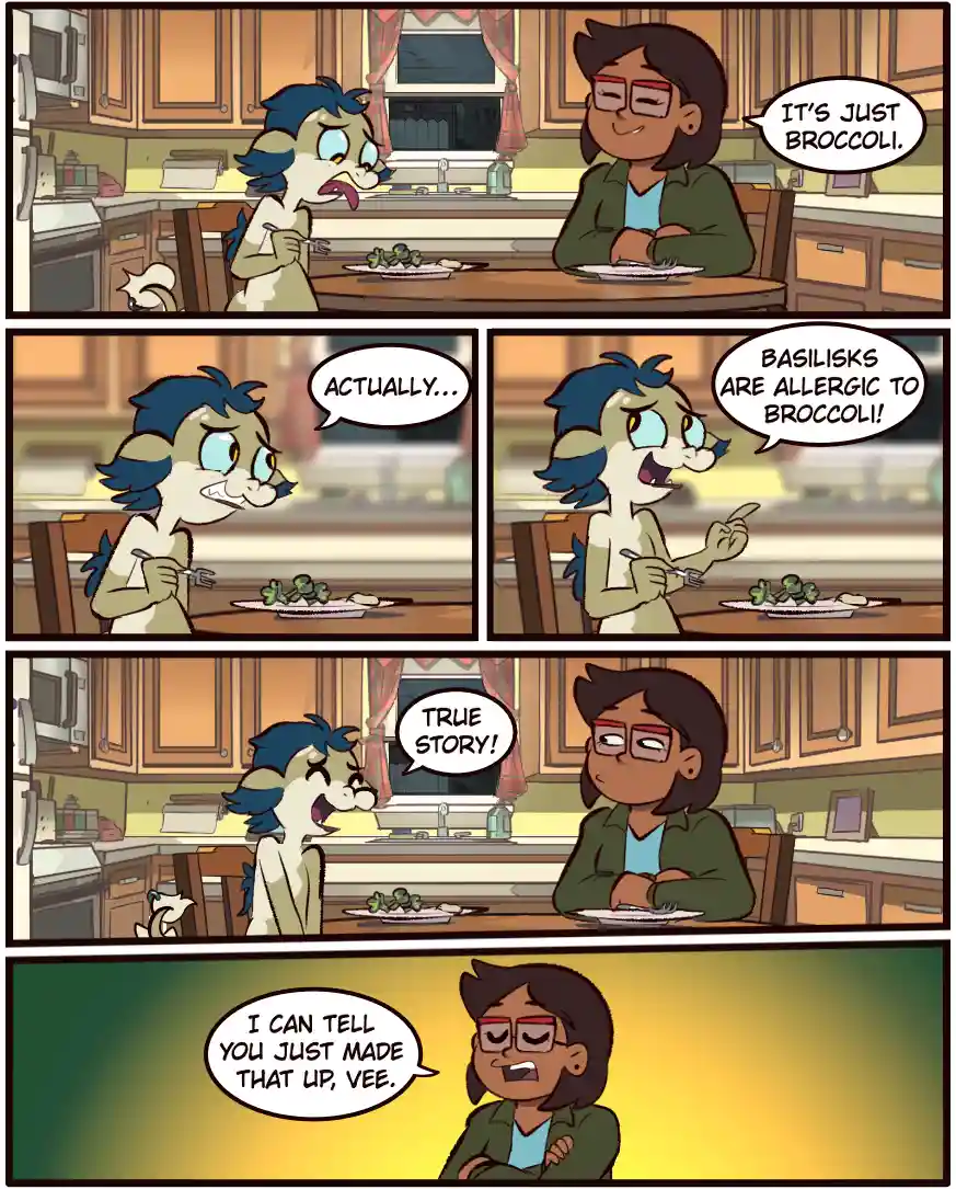 A four-panel comic strip shows a blue-haired, dragon-like character (Vee) trying to convince a human woman that basilisks…