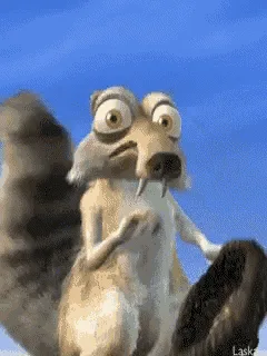 A six-panel image sequence shows the animated character Scrat from Ice Age. In the first two panels, he looks panicked and…