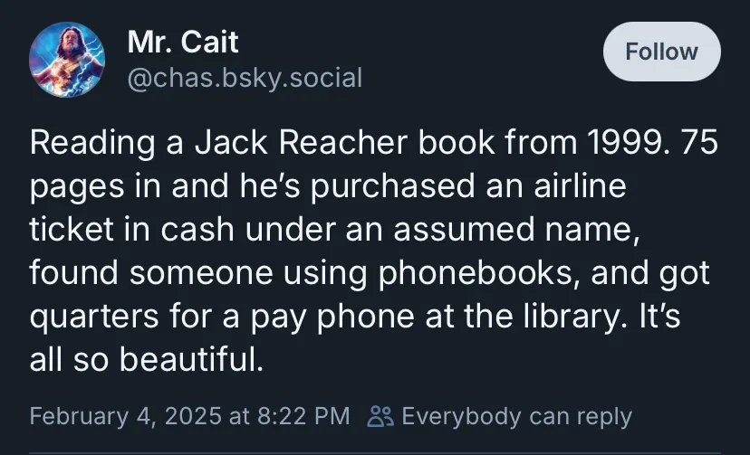 A screenshot of a social media post by 'Mr. Cait' (@chas.bsky.social) on a dark-themed platform. The post's text humorously…