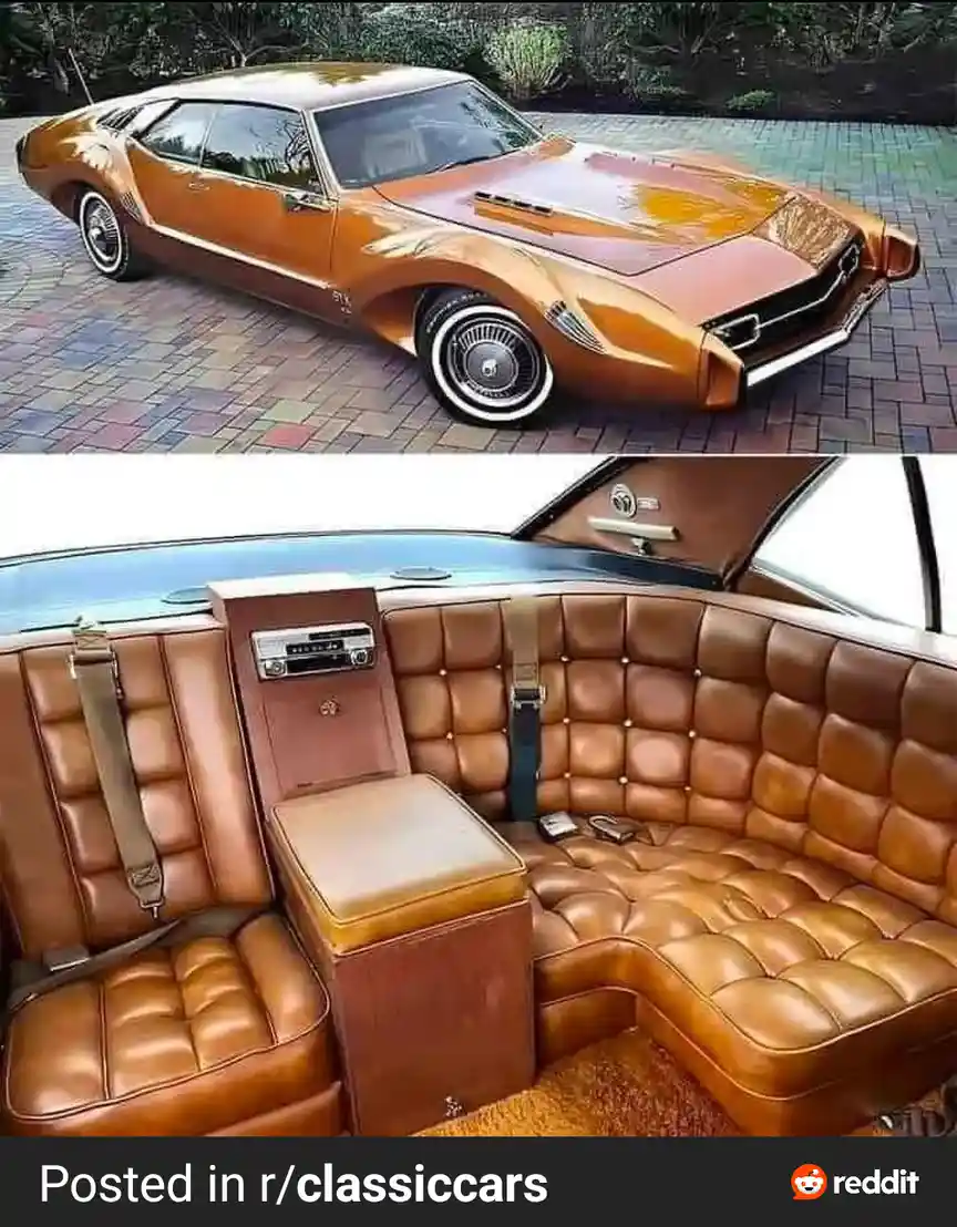 The image displays a split view: the top half shows a shiny, metallic orange classic car parked on a brick driveway, and the…