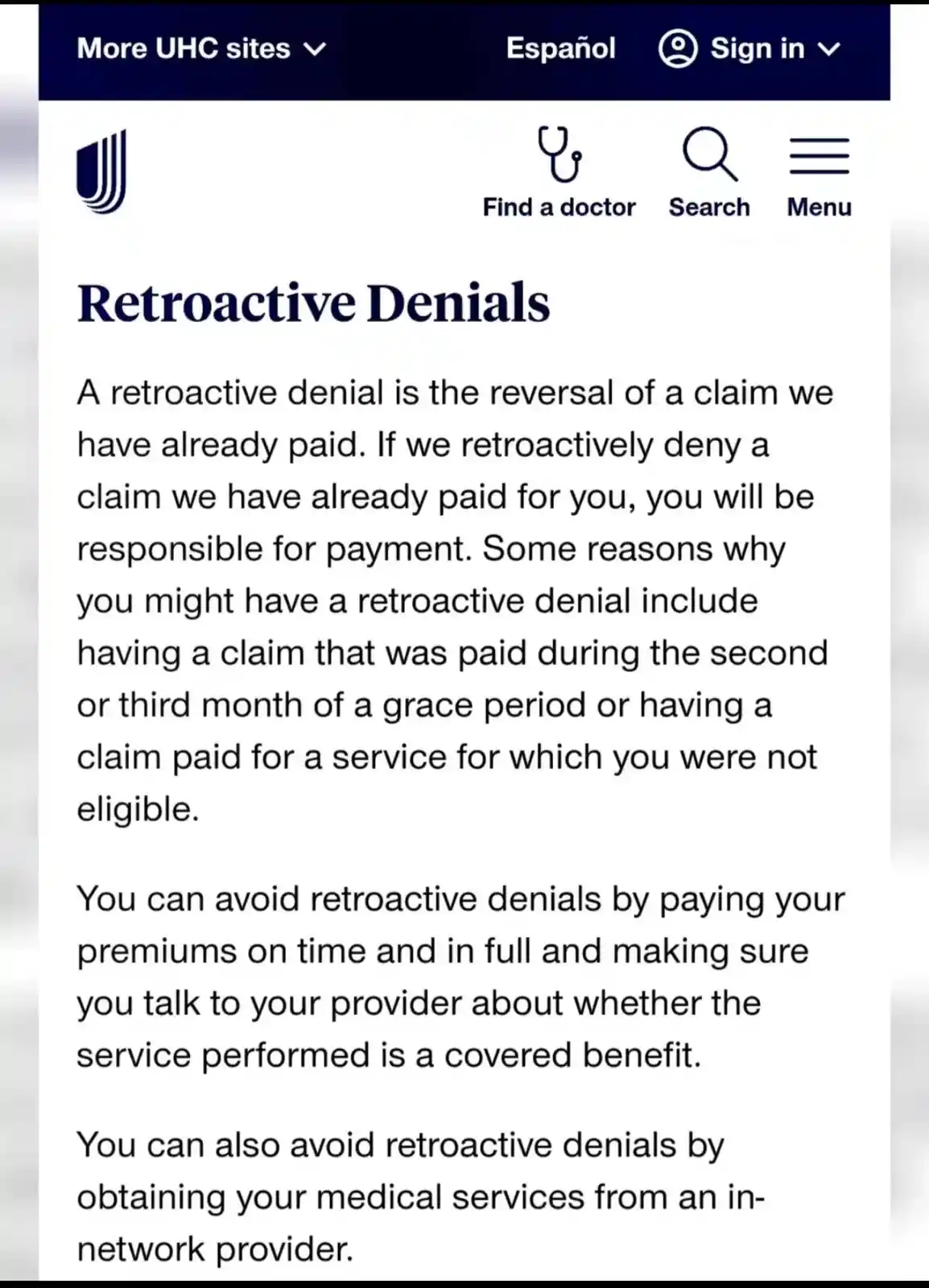 A screenshot of a UHC (UnitedHealthcare) webpage titled 'Retroactive Denials' explains that if a claim is reversed after…